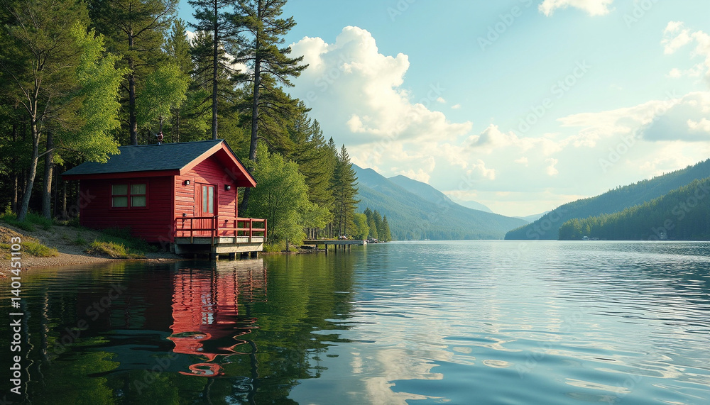Fototapeta premium Serene Lakeside Cabin Retreat