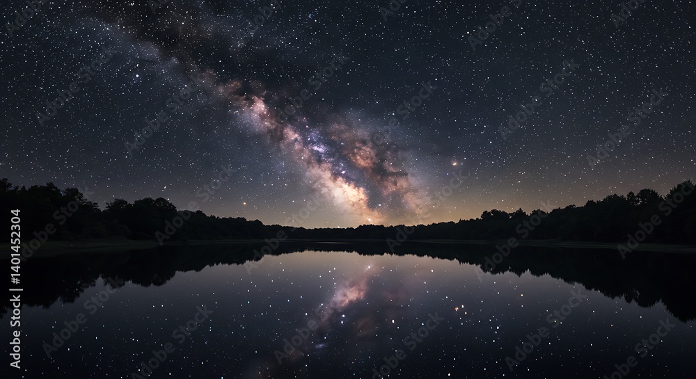 Fototapeta premium Night sky filled with stars and the Milky Way over a calm lake, reflection on the water, silhouette of trees in the background.
