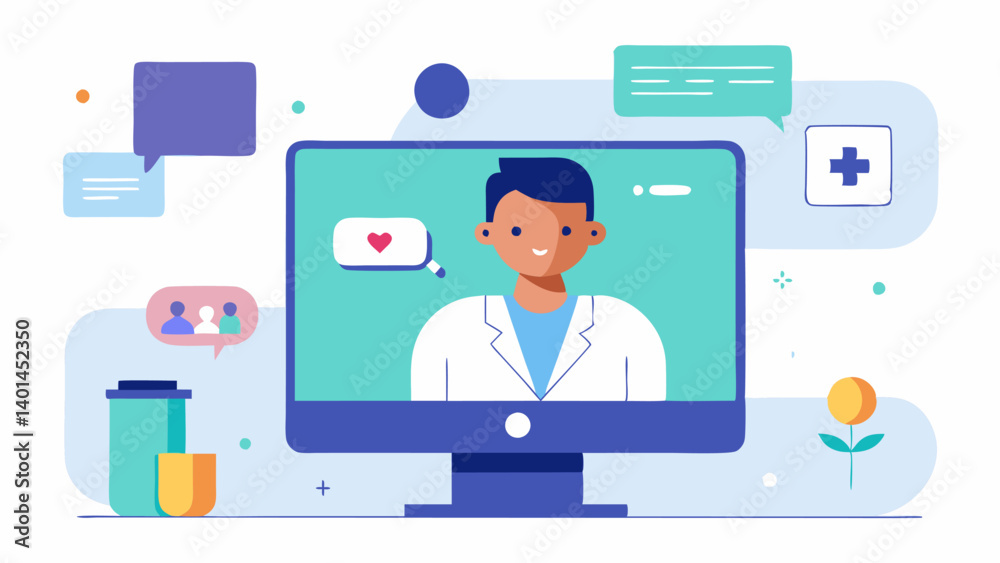 Telemedicine Consultation A doctor and a patient in a video call on a computer screen with diagnostic tools and graphs illustrated around them. Telemedicine Consultation A doctor and a patient in a video call on a computer screen with diagnostic tools and graphs illustrated around them.