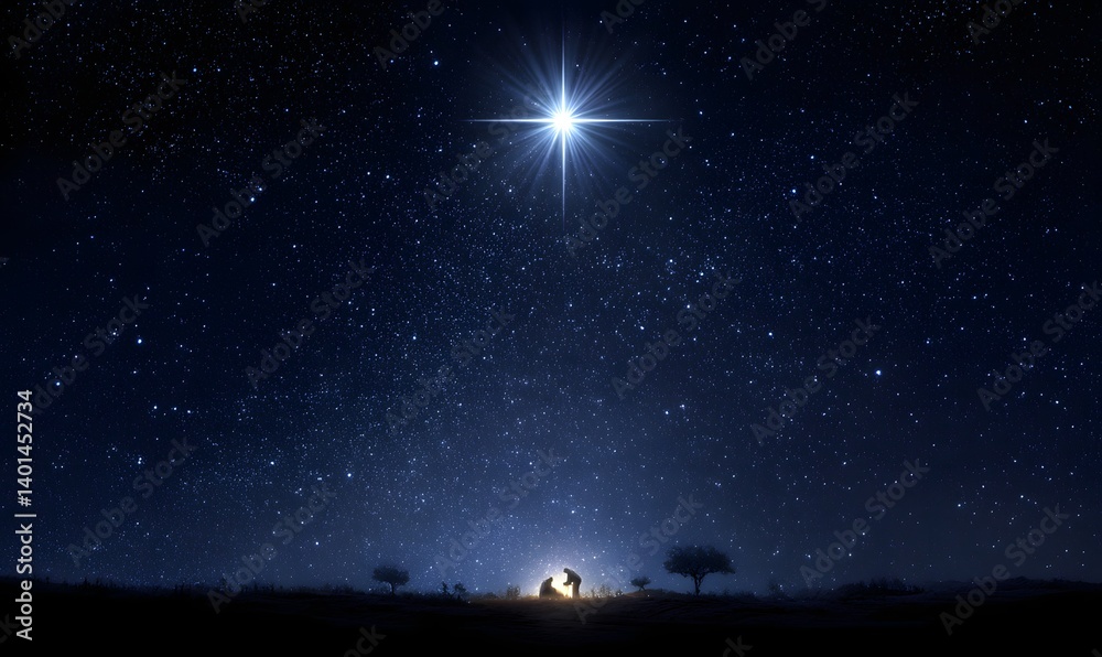 A starry night sky with a bright star shining above a silhouette of people and some trees below A starry night sky with a bright star shining above a silhouette of people and some trees below