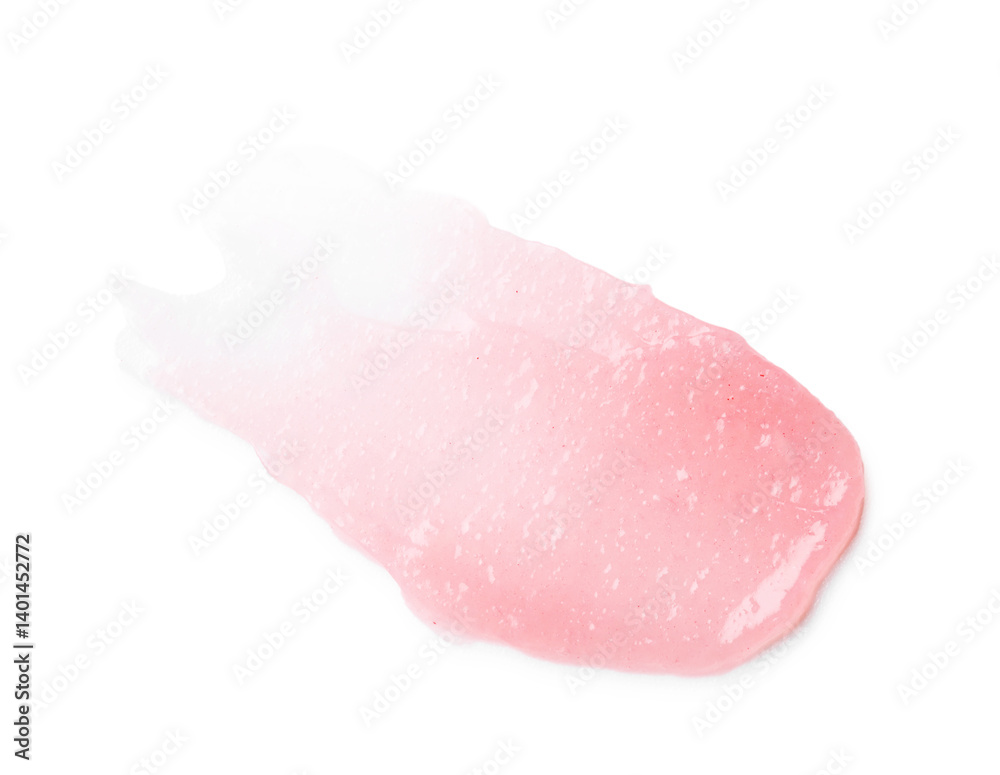 Sample of pink lip balm isolated on white, top view
