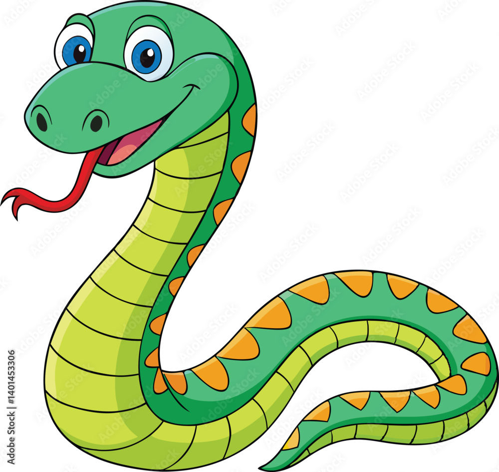 Fototapeta premium Friendly Cartoon Snake Illustration, Green and Orange Scales, Big Eyes, Happy Expression, Adorable Reptile Character, Perfect for Children's Books, Educational Materials, and Fun Designs.