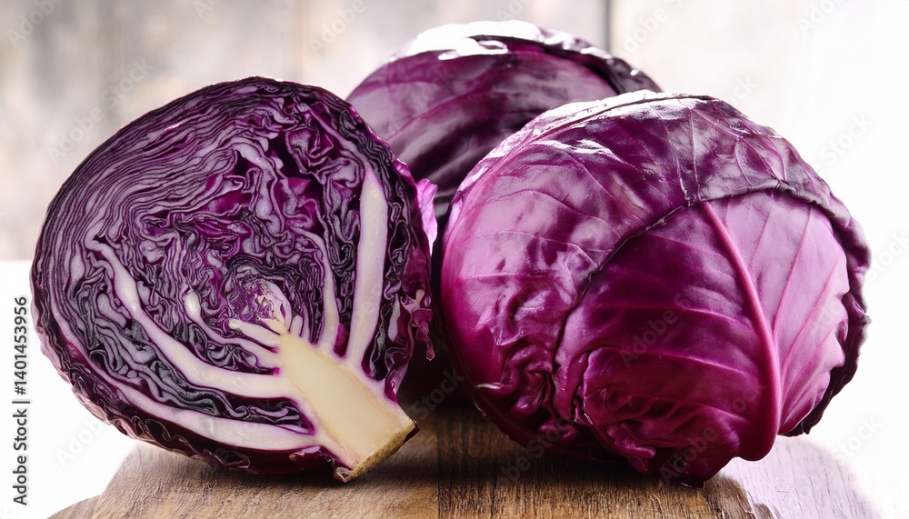 Obraz premium fresh organic red cabbage bunches for healthy cooking and salad preparation