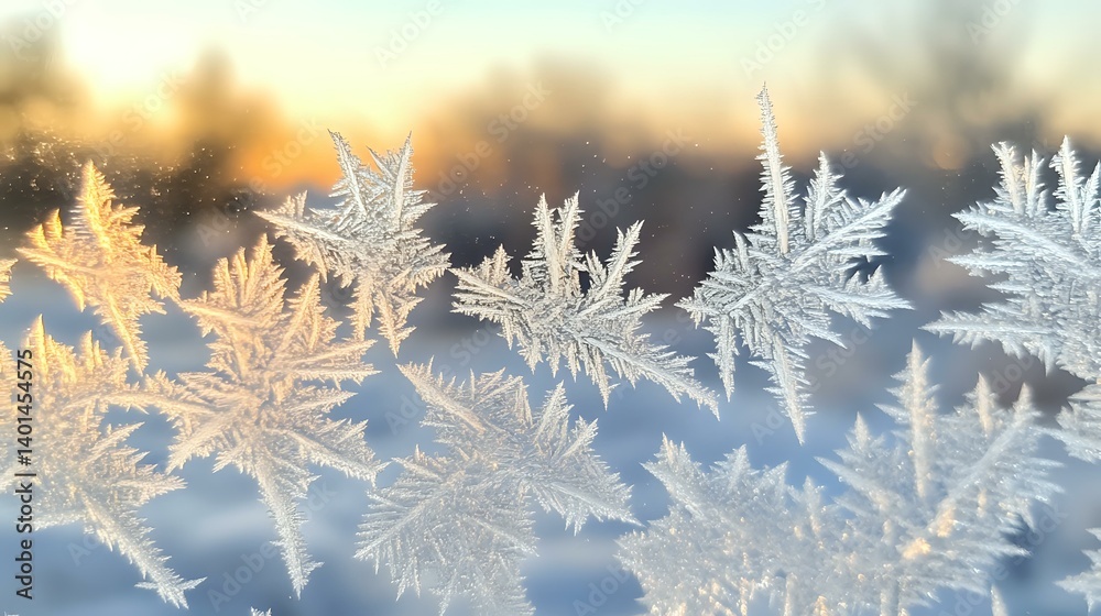 A close-up of frost patterns forming on a windowpane under early morning light, showing natural geometry and delicacy