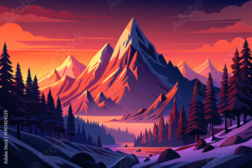Mountain peak view landscape with sunrise soft light and river. vector illustration background, winter valley at golden hour with pine trees