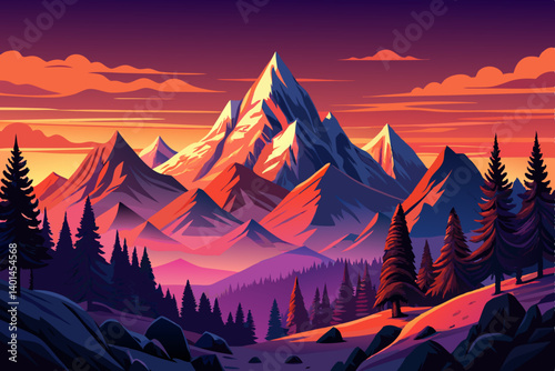 Mountain peak view landscape with sunrise soft light and river. vector illustration background, winter valley at golden hour with pine trees