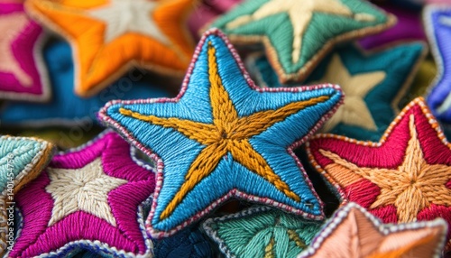 Brightly embroidered star-shaped patches in assorted vivid hues, forming an engaging collection perfect for unique craftwork, DIY accessories, and textile designs.