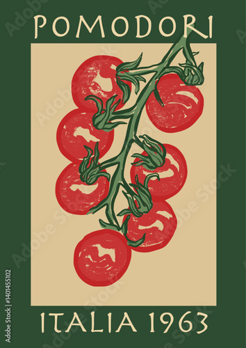 Vector poster with Mediterranean tomatoes and short phrase. Hand-drawn card isolated on white and blue background. Tasty food for design, print, fabric or background.