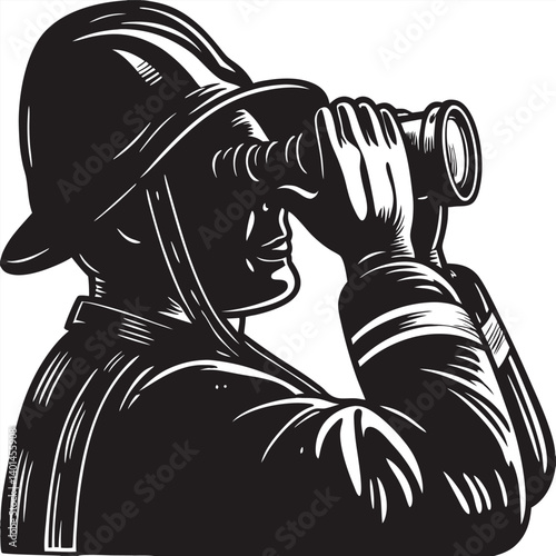 Firefighter looking up with binoculars silhouette vector