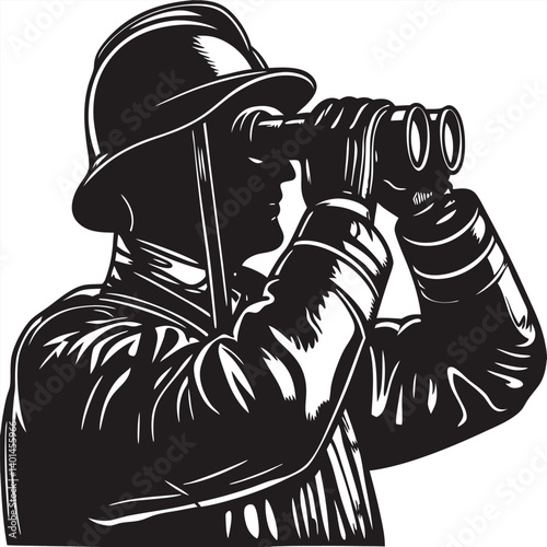 Firefighter looking up with binoculars silhouette vector