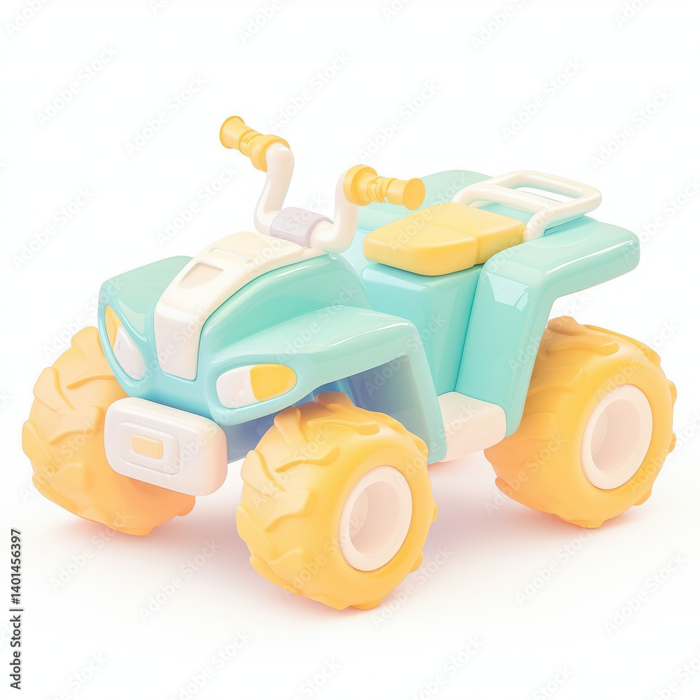 Obraz premium Colorful plastic toy quad bike with oversized tires, perfect for children's play and imaginative adventures.