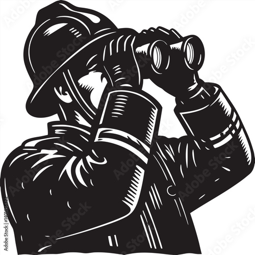 Firefighter looking up with binoculars silhouette vector