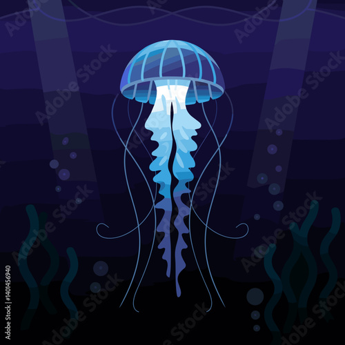 Neon Jellyfish Vector Art with Flowing Tentacles