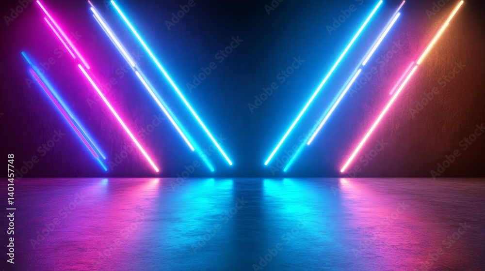 Fototapeta premium Vibrant Neon Lights Stage - Bright blue and pink neon lights illuminate a dark stage, creating a dynamic and energetic atmosphere. Perfect for backgrounds