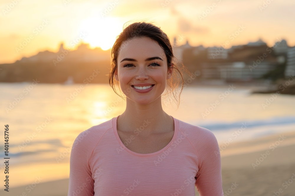Candid outdoor portrait of a joyful young woman jogging on a scenic beach during sunrise Candid outdoor portrait of a joyful young woman jogging on a scenic beach during sunrise