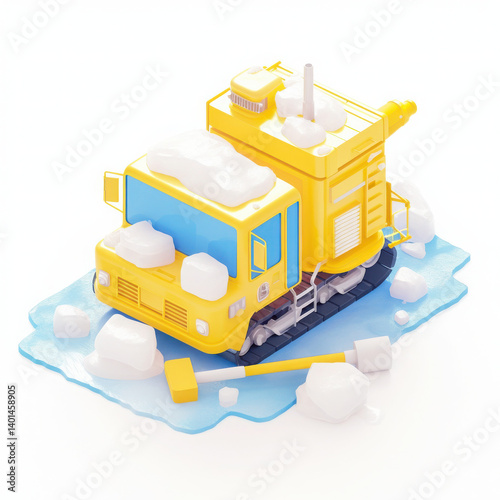 A bright yellow snowplow truck on a base of blue ice, surrounded by snow. Ideal for winter and transport themes.