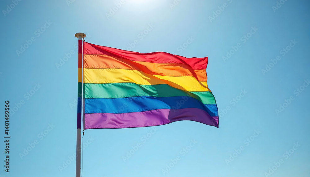 Rainbow flag waving against a clear blue sky Rainbow flag waving against a clear blue sky