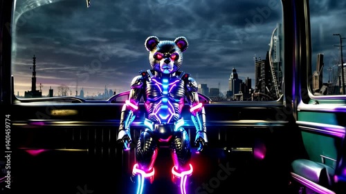 Cybernetic fighting Teddy bear. The body half consisting of metal elements is intertwined with neon.