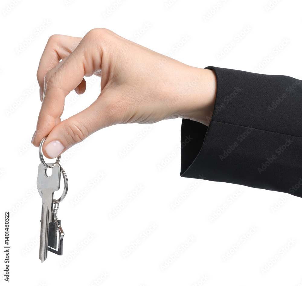 Real estate agent holding key with house shaped keychain on white background, closeup Real estate agent holding key with house shaped keychain on white background, closeup