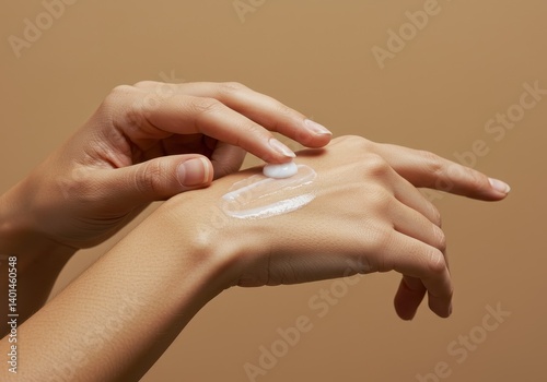 Close-up of hand applying white skincare cream to the back of other hand against warm beige background photo