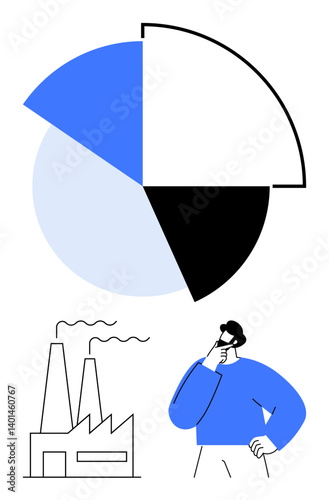 Factory with chimneys emitting smoke, large pie chart above representing data, man pondering with hand on chin. Ideal for business, analysis, strategy, economy, environment, decision-making flat