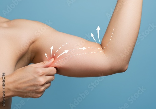 Close-up of upper arm with loose skin being pinched and marked with arrows for skin tightening or cosmetic treatment concept