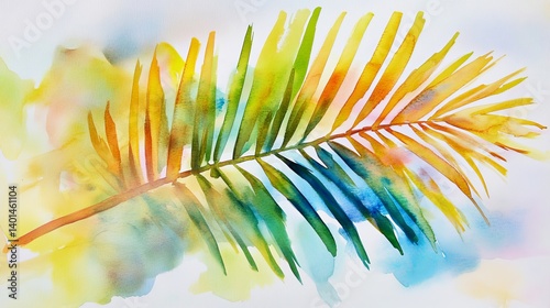 Watercolor painting of a palm leaf with vibrant colors on a white background art illustration photo