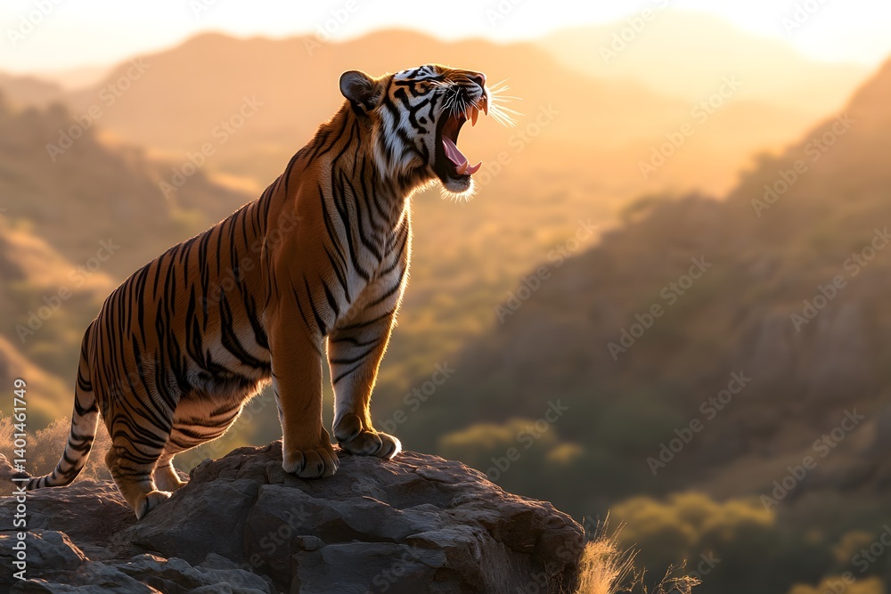 custom made wallpaper toronto digitalA tiger standing on a rock roaring with mountains and a sunset in the background in a wildlife scene