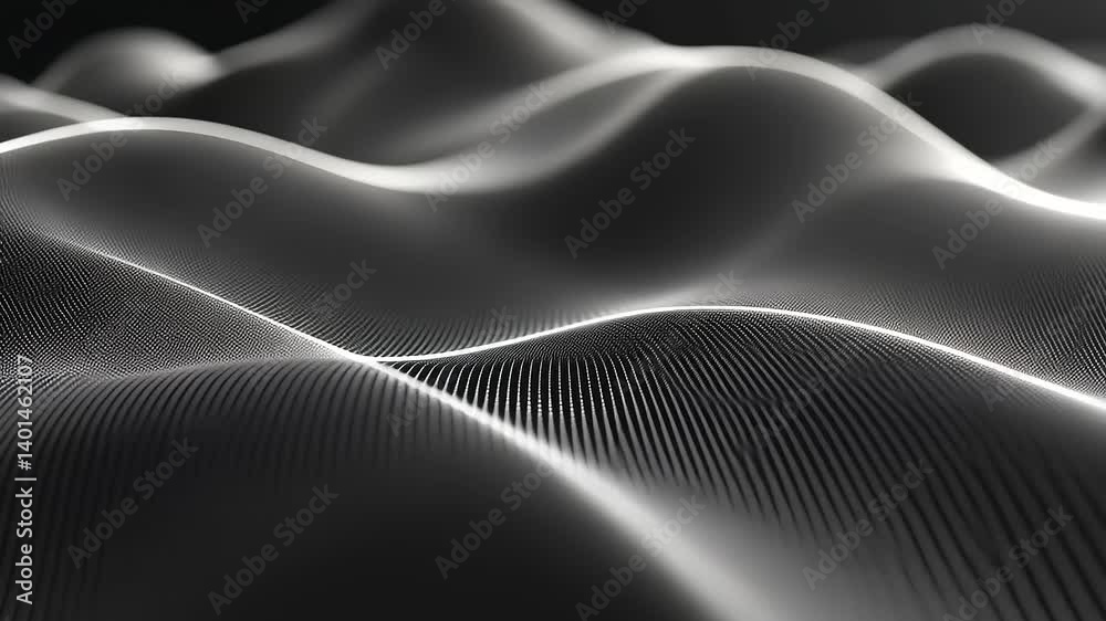 Silver curves form a digital ocean. Wavy shapes and parallel lines create an undulating landscape