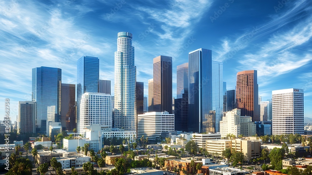 Obraz premium Urban skyline view with tall glass towers high resolution picture