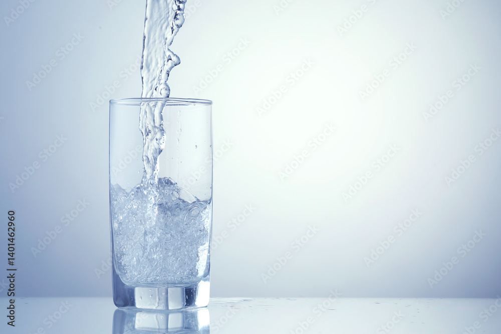 Pouring refreshing soda water into glass on light blue background, closeup. Space for text Pouring refreshing soda water into glass on light blue background, closeup. Space for text