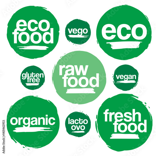 Set of eco food bio organic vego vegan raw food gluten free lacto ovo label tag sign