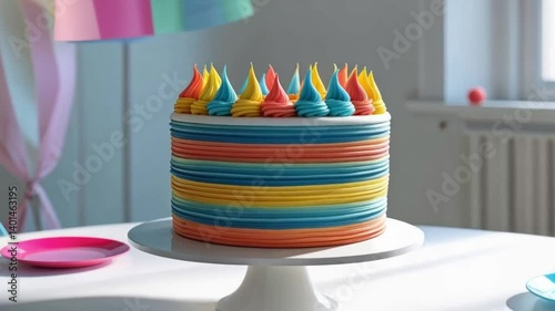 Birthday cake with rainbow stripes and colorful frosting

