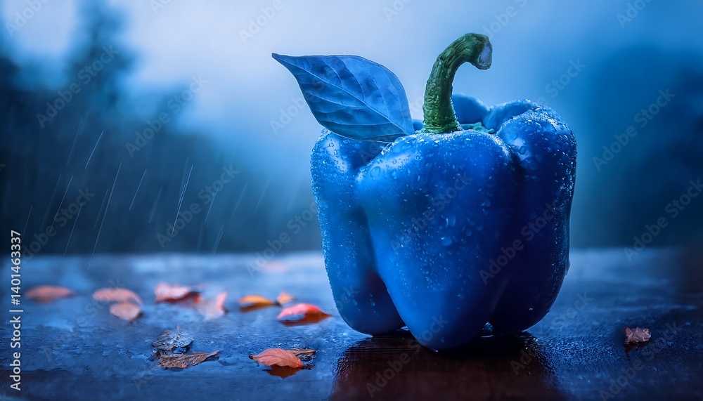 Blue Bell Pepper With Leaf in Artistic Rain Surrounded by Droplets. AI Generative