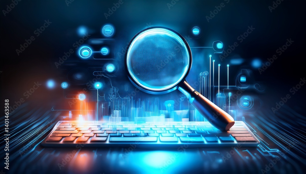 Technology Concept of Search and Analysis Highlighted with Magnifying Glass. AI Generative