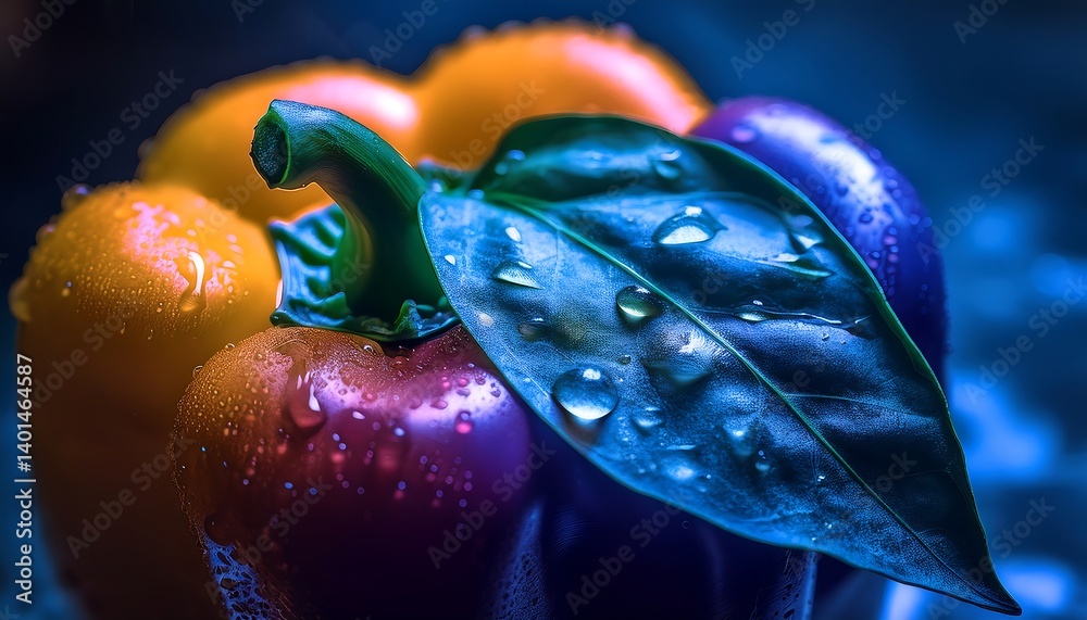 Vibrant Bell Pepper with Colorful Leaf Under Falling Water Droplets in Blue Light. AI Generative