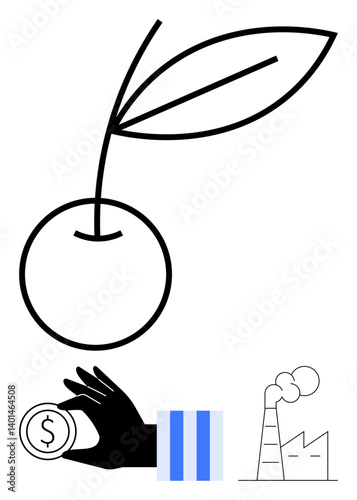 Cherry with leaf above factory and hand holding coin. Ideal for sustainability, economy, finance, growth, industry, investment, environmental impact. Flat simple metaphor