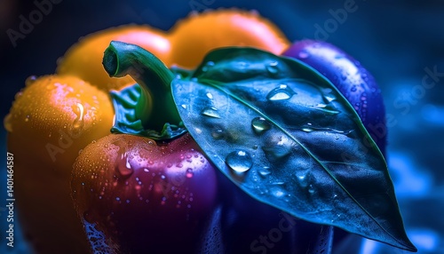 Obraz na płótnie Vibrant Bell Pepper with Colorful Leaf Under Falling Water Droplets in Blue Light. AI Generative w salonie
