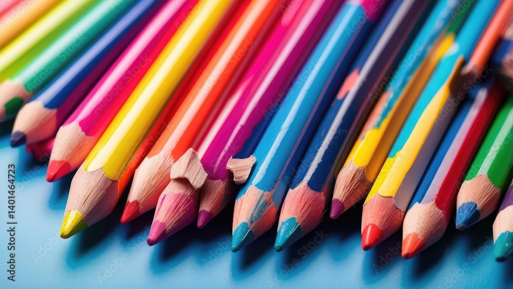 A metal pencil holder filled with an array of colorful pencils sits on a bright blue surface A metal pencil holder filled with an array of colorful pencils sits on a bright blue surface