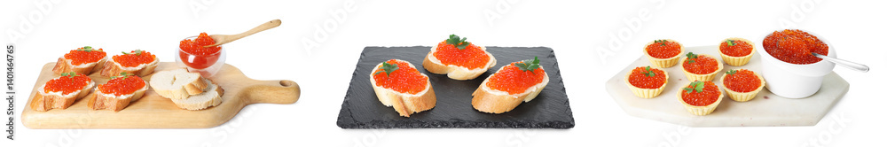 Yummy red caviar. Sandwiches and tartlets with salmon roe isolated on white, set Yummy red caviar. Sandwiches and tartlets with salmon roe isolated on white, set