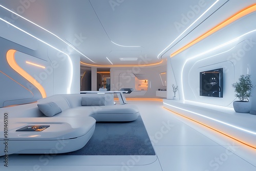 Modern Smart Home Interior with Voice-Controlled Technology and Sleek Design. photo