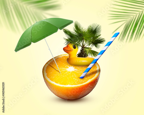 Fototapeta Naklejka Na Ścianę i Meble -  Summer vibe. Half of orange with beach umbrella, straw, duck swim ring and palm on beige background, creative collage