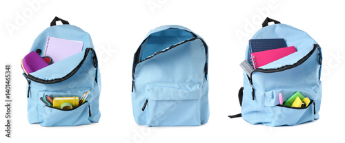 Fotografie Light blue backpack isolated on white, collage