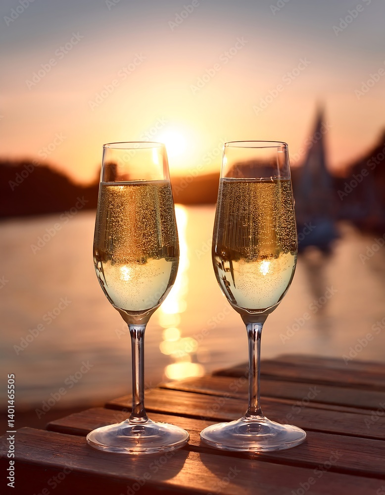 Romantic Evening with Two Champagne Glasses by a Sunset Waterfront. AI Generative