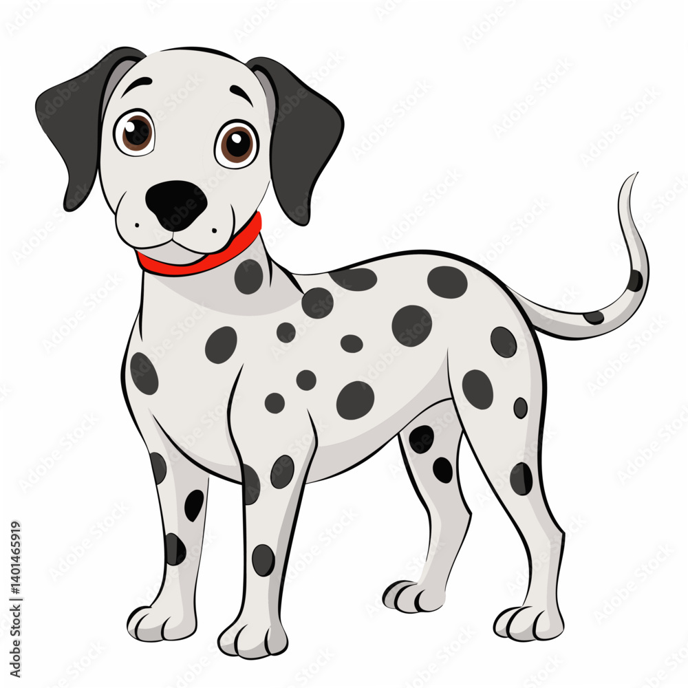 Cute cartoon Dalmatian puppy standing. Isolated on white background. Suitable for posters, logo, children's books and encyclopedias. Vector Cute cartoon Dalmatian puppy standing. Isolated on white background. Suitable for posters, logo, children's books and encyclopedias. Vector