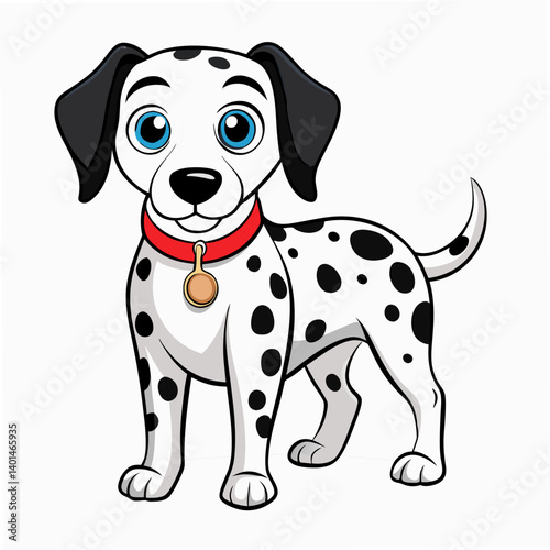 Cute cartoon Dalmatian puppy standing. Isolated on white background. Suitable for posters, logo, children's books and encyclopedias. Vector