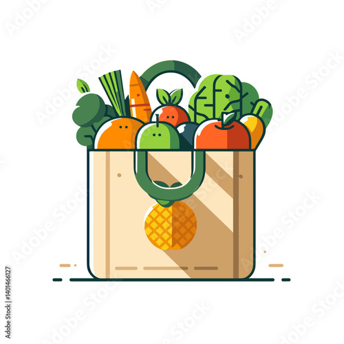 Vector illustration of a reusable shopping bag filled with fresh fruits and vegetables
