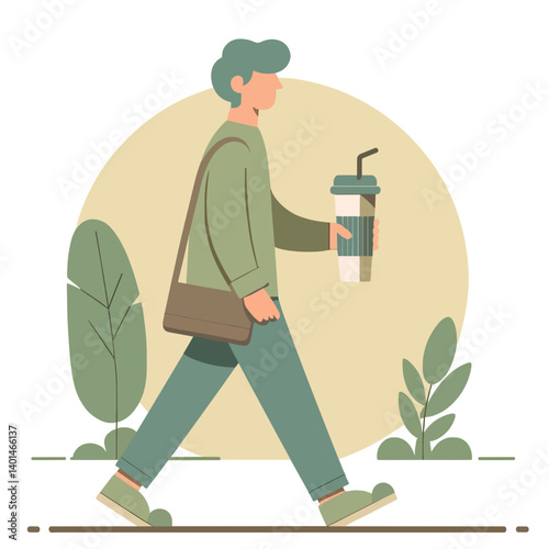 Vector illustration of a young man walking with a reusable drink cup, promoting eco-friendly habits