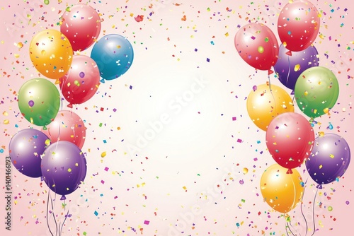 Colorful balloons and confetti border a soft pastel pink background, setting a festive tone for a birthday or celebration. 