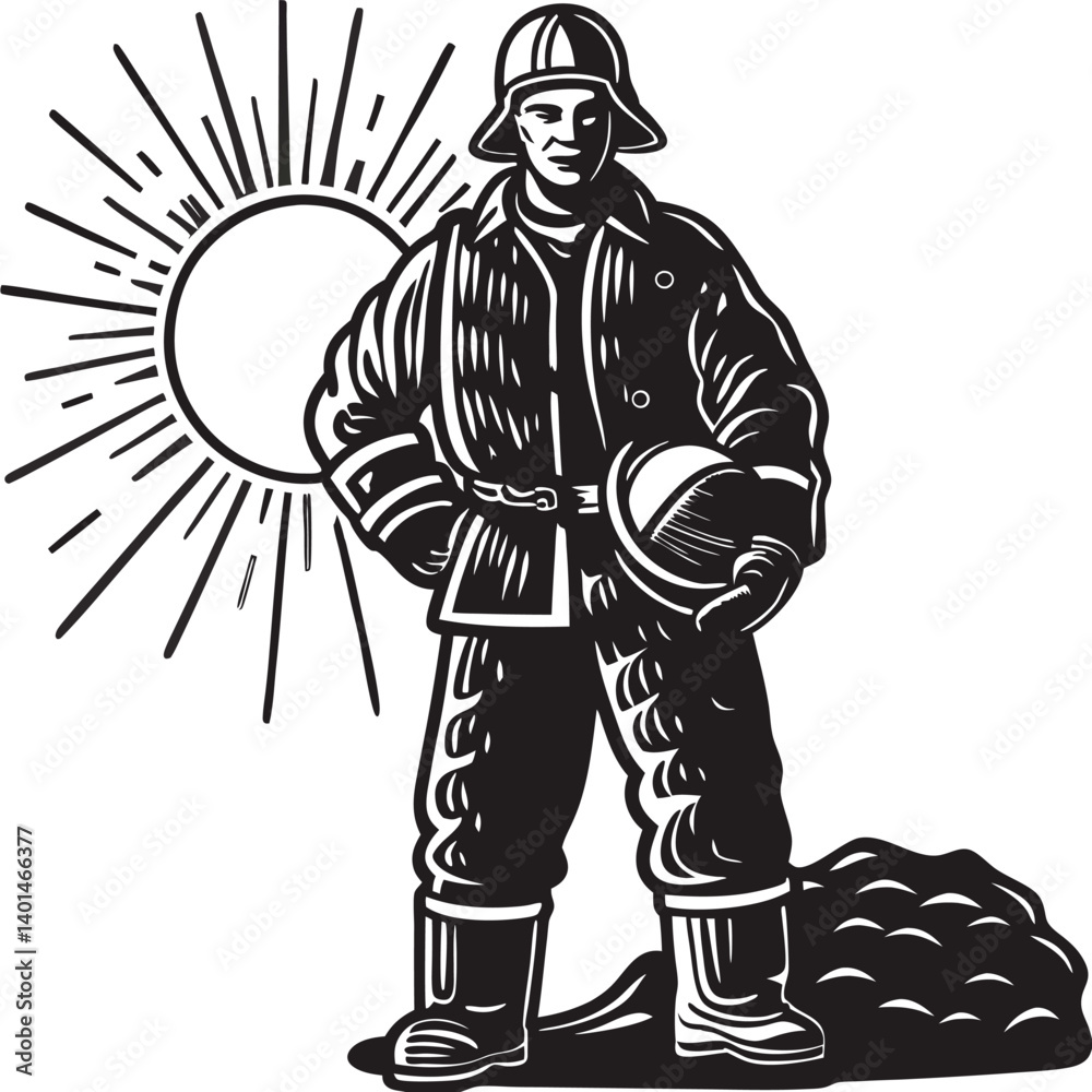 Firefighter posing with helmet under arm, sun behind Silhouette vector illustration